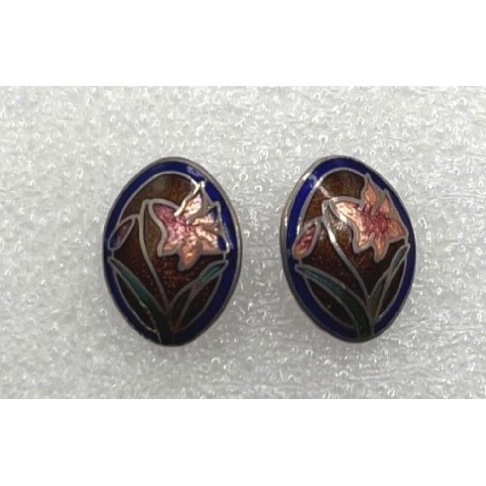 Mid-Century Cloissone Post Oval Earrings Blue Enamel Pink & Green Flowers